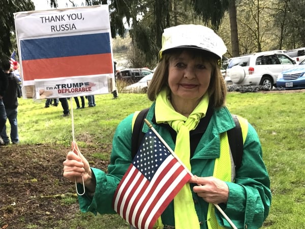 A Donald Trump supporter in Lake Oswego on March 4, 2017. (Mike Bivins)