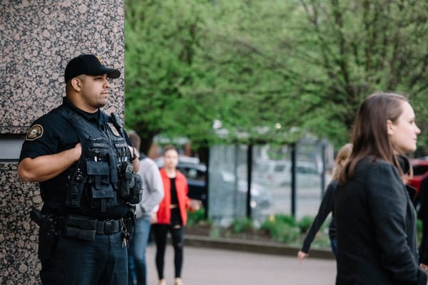 A Portland police officer outside the Moda Center before a Blazers game. (Sam Gehrke)